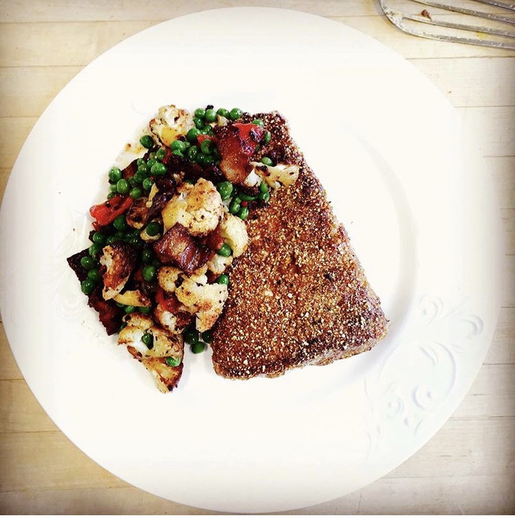 Cornmeal Crusted Minnesota Walleye with Pancetta, Cauliflower and Sweet Peas from Chef Brandon Rudolph